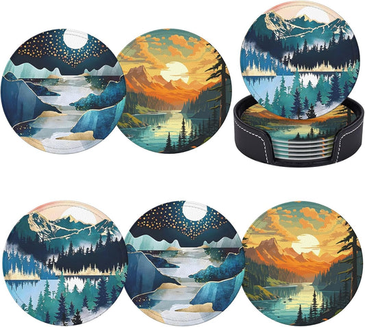 Landscape Mountain Leather Drinks Coasters with Holder, Set of 6, Suitable for Various Cups