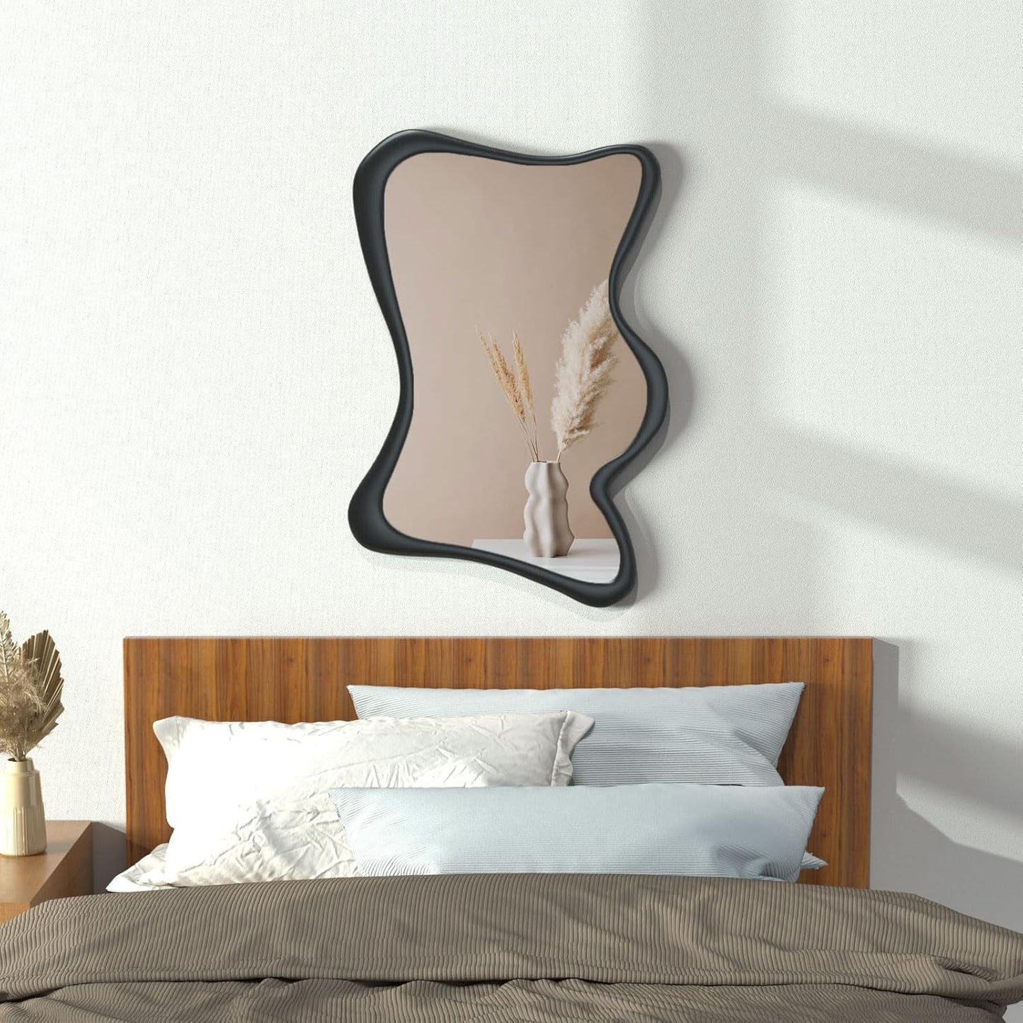 COOL2DAY Irregular Wall Mirror,32" x 24" Wood Frame Asymmetrical Mirror,Rustic Decorative Mirror for Living Room Bedroom Bedroom Entryway Bathroom Entryway, Modern Wavy Wall Mounted Mirrors Black