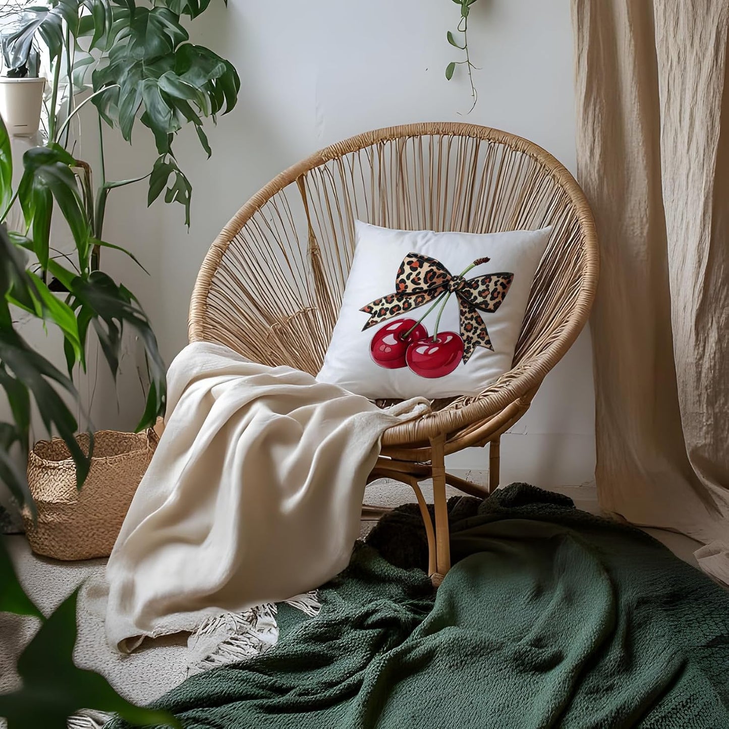 Coquette Leopard Bow Cherry Pillow Covers 18x18, Coquette Cheetah Print Room Decor, Preppy Girly Trendy Leopard Ribbon Cherry Decorative Throw Pillow Covers for Girls Dorm Apartment