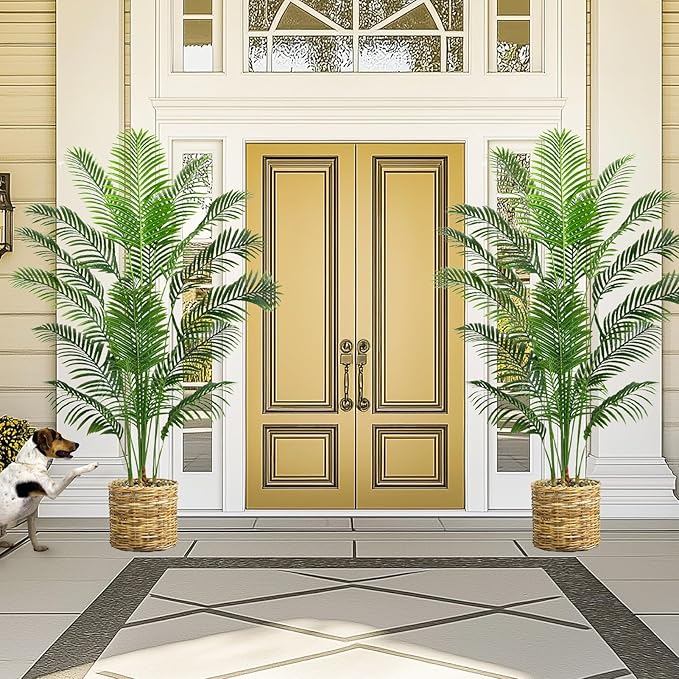 2PCS Artificial Palm Tree 7FT Artificia Plants Indoor Fake Trees Tropical Fake Plam Tree Floor Plant in Black Pot with 18 Trunks & Real Bark Design Faux Palm Plant for Outdoor Home Room Decor