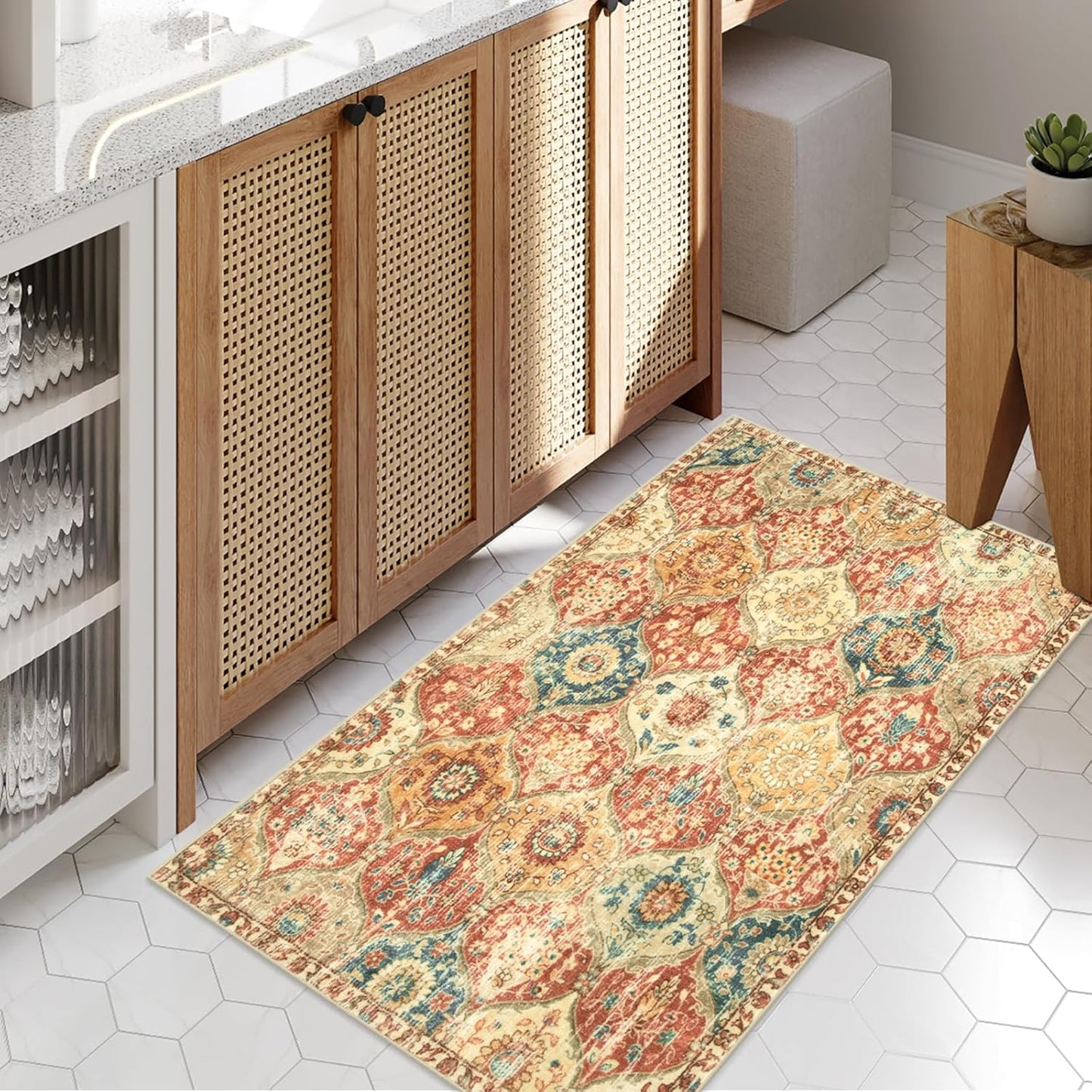 Lahome Kitchen Rugs Non Slip Washable Rugs for Entryway, 2x4 Rug Non-Slip Moroccan Trellis Ultra-Thin Indoor Door Mat Small Carpet for Bathroom Bedroom Entry, Red/Orange
