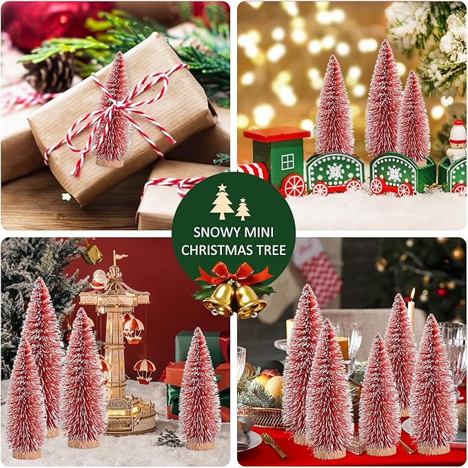 12 Pcs Mini Christmas Tree, Tabletop Christmas Tree with Wooden Bases Artificial Mini Tree with 3 Sizes Christmas Table Decor Bottle Brush Trees for Christmas Decorations (Red)