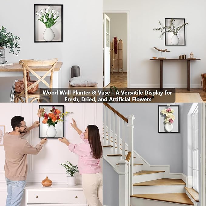 yimido Wall Planter Vase with Ceramic Pot & Artificial Tulips, 3D Wooden Wall Art Hanging Vases for Flowers, Indoor Wall Plant Holder for Home Decor, Wall Mounted Frame for Dried/Fresh Plants, Black