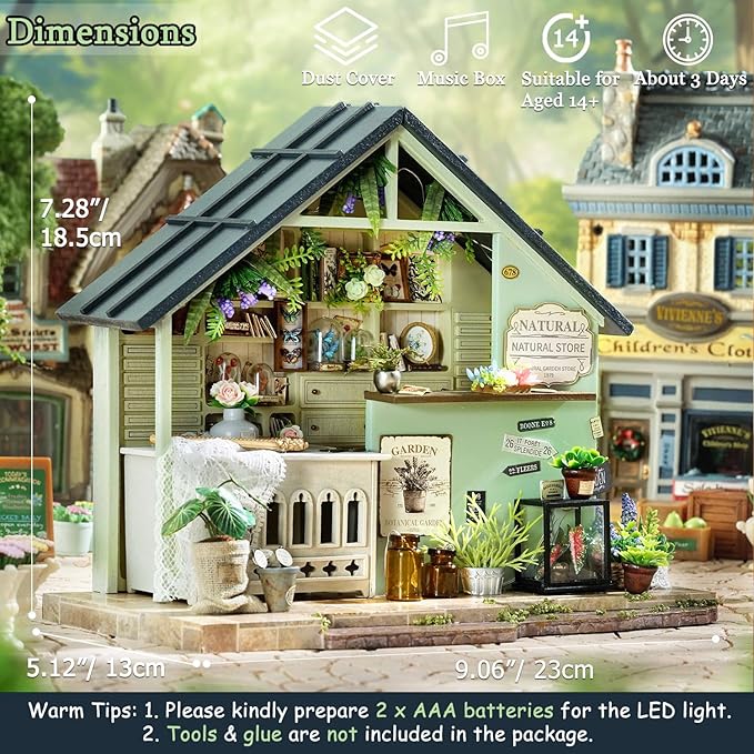 TuKIIE DIY Miniature House Kit with Furniture, 1:24 Scale Creative Room Mini Wooden Dollhouse Book Nook Plus Dust Proof & Music Movement for Kids Teens Adults(Plants Studio)
