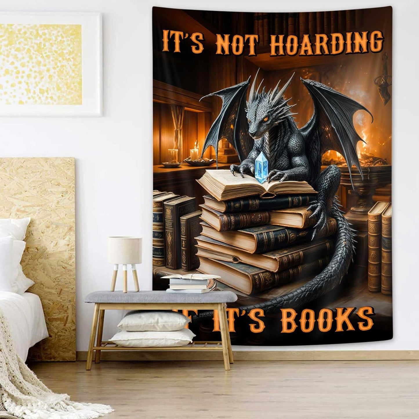 DYNH Black Book Dragon Art Tapestry,Vintage Medieval Dragon Wall Decor, It's Not Hoarding If It's Books,Wall Hanging for Book Lover Library Classroom Reading Nook Home Bedroom Living Room,36X48Inches