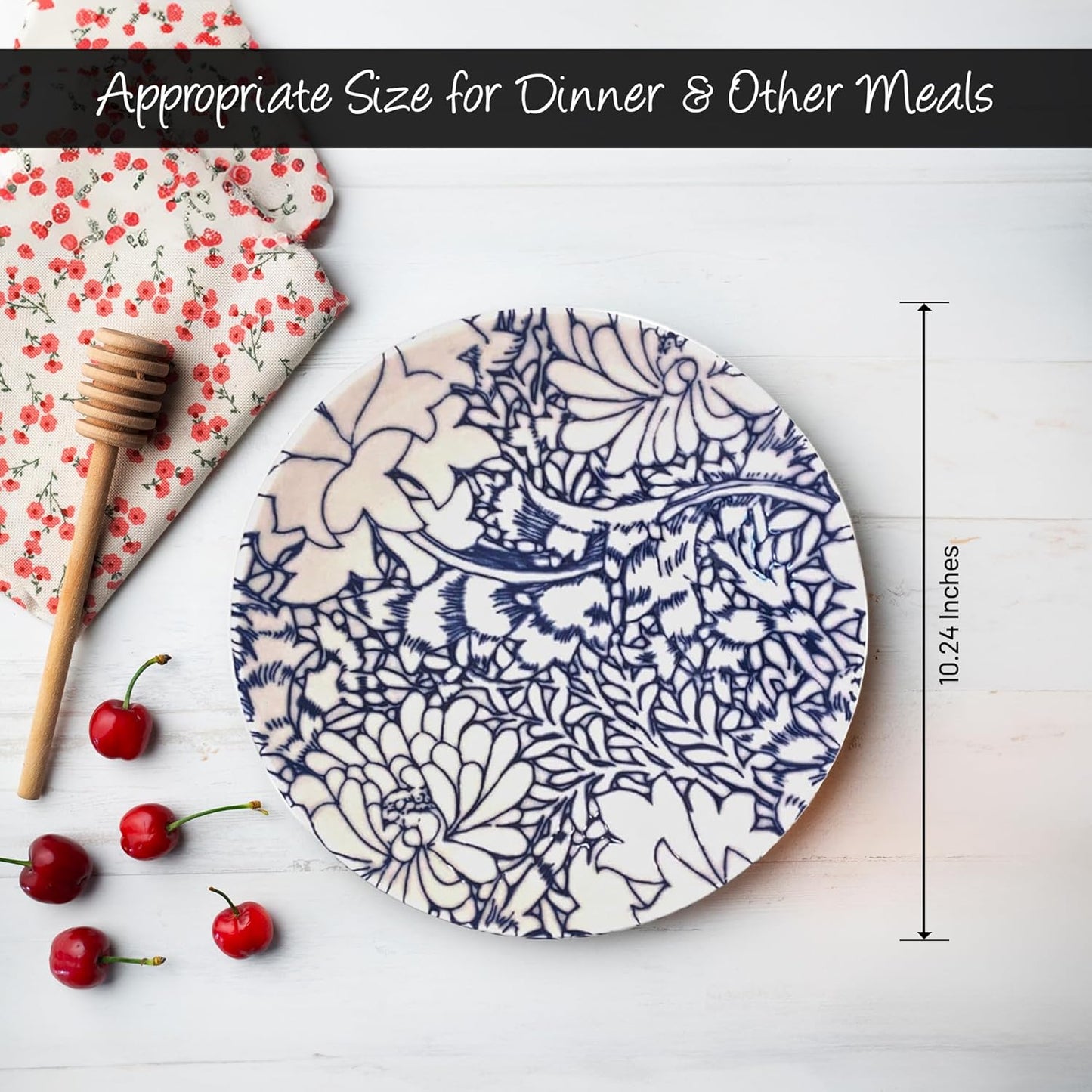 Gusto Buono Porcelain Dinner Plates - Set of 6-10.24" | Pearl Effect with Blue Floral Design | Dishwasher & Microwave Safe | Ideal for Indoor & Outdoor Dining |Ideal for Home Use, Parties & Gifts