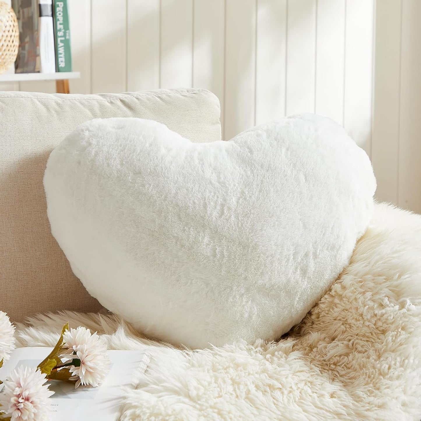EastTree Heart Pillows, White Heart Shaped Pillows, Love Throw Pillows Gifts, Ultra Soft Faux Rabbit Fur Small Cute Pillows, Women Girls Kid Room Decor 10x13 Inch