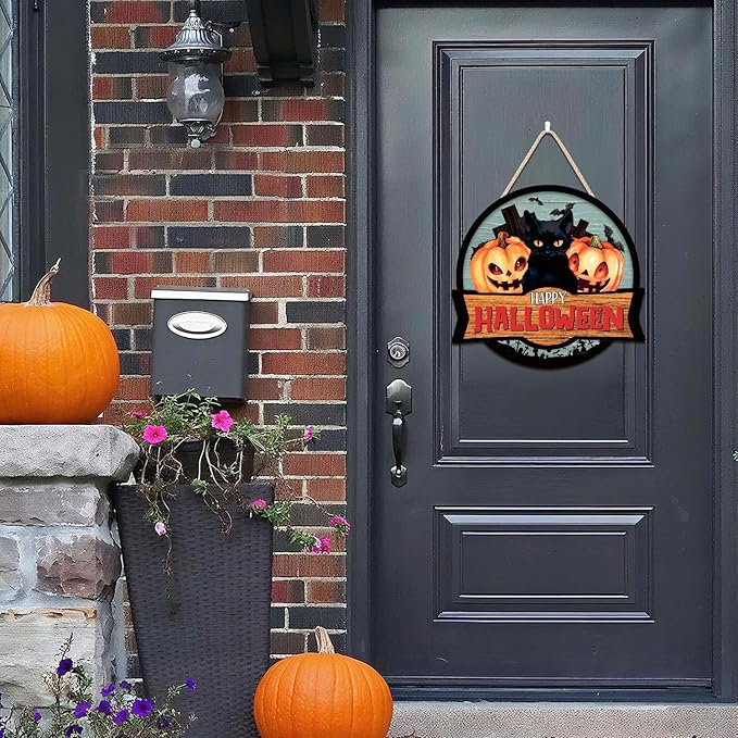 3D Halloween Door Decor Black Cat,Halloween Door Decoration,Black Cats Sign,Pumpkin Door Hanger,Horror Cross Tomb Haunted House Bat Wall Decor for Party Home Porch Yard Living Room Outdoor