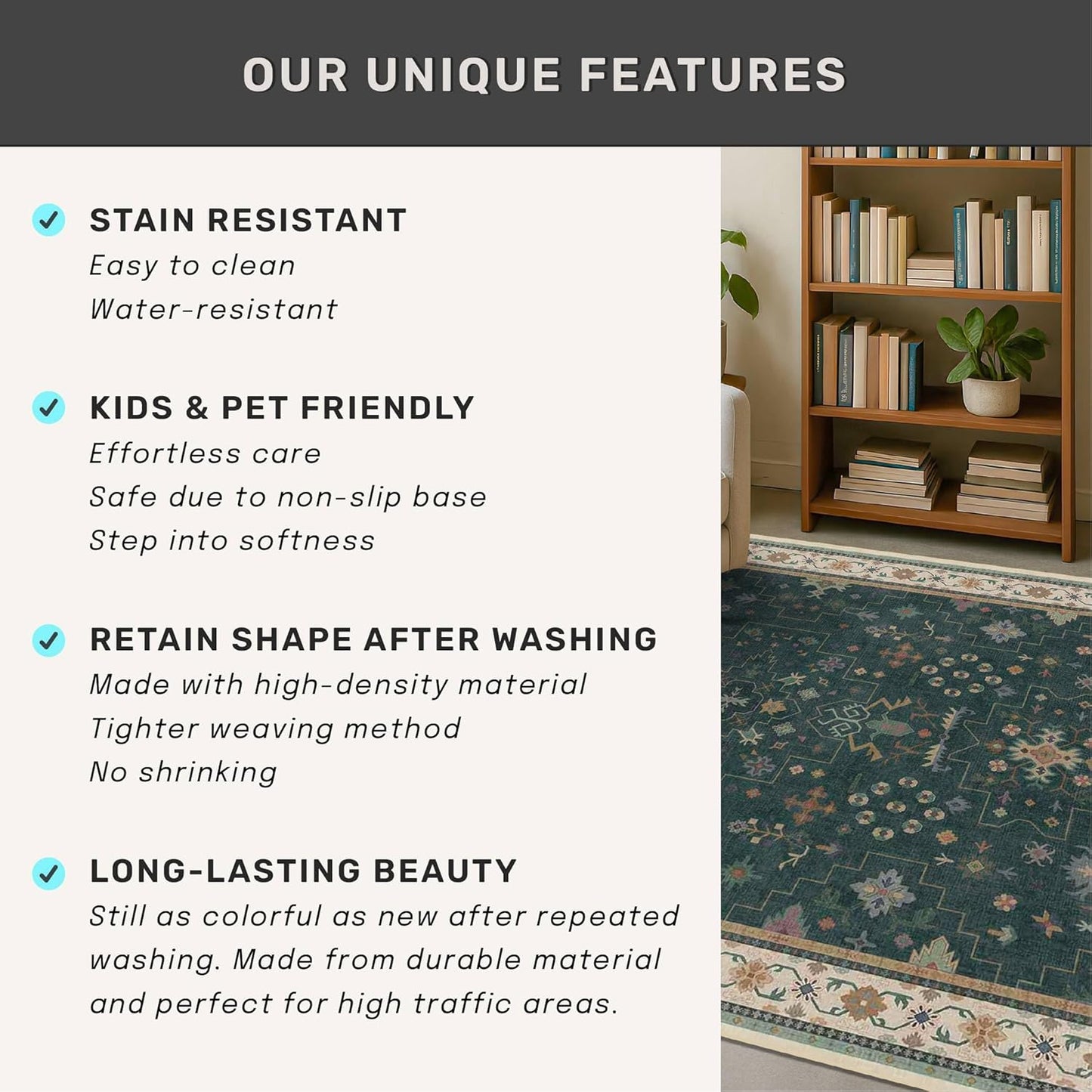Dark Green Oushak 3x4 Large Entryway Rug - Modern Vintage Boho Floral, Washable Low Pile Non-Slip Area Rugs for Door Mat Indoor Entrance, Kitchen, Bedroom Beside Bed