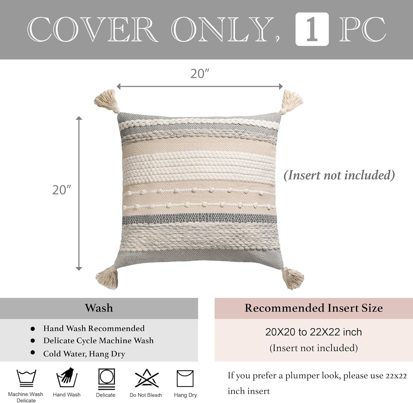 BlissBlush Gray Boho Throw Pillow Cover 20x20 Grey Decorative Accent Pillow for Couch Square Woven Textured Pillowcase Modern Farmhouse Pillow for Bed Bohemian Pillow Cover (Pack of 1)