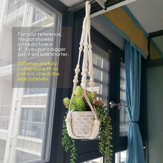 Macrame Plant Hanger Indoor, 23" No Tassel Hanging Plant Holder, Sturdy Flower Pot Holder with 2 Hooks - Ivory (Pot NOT Included)