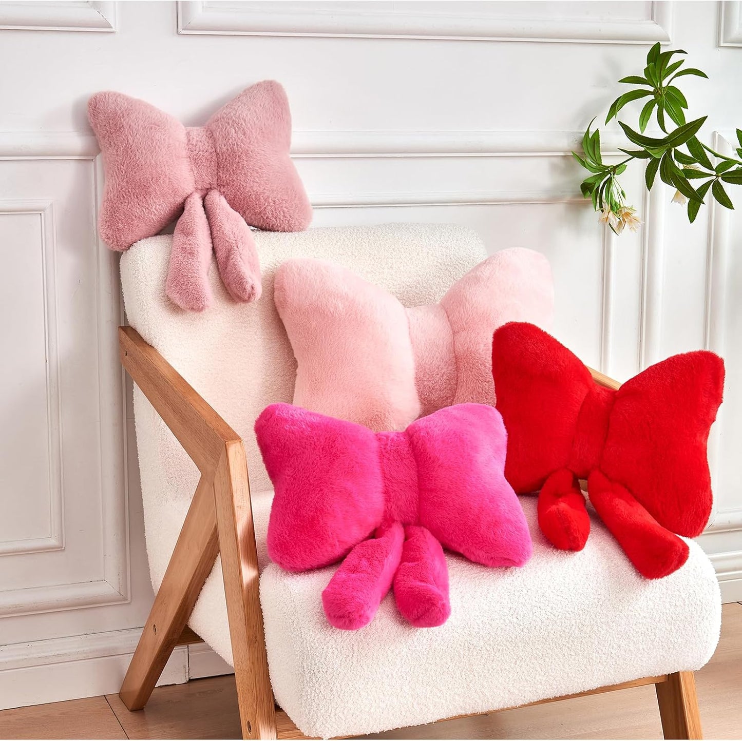 Hot Pink Bow Pillow, Soft Bow Decorative Pillows with Faux Rabbit Fur, Cute 12" Bow Throw Pillows, Aesthetic Home Decor Bow Shaped Plush Pillow for Bedroom Sofa Couch