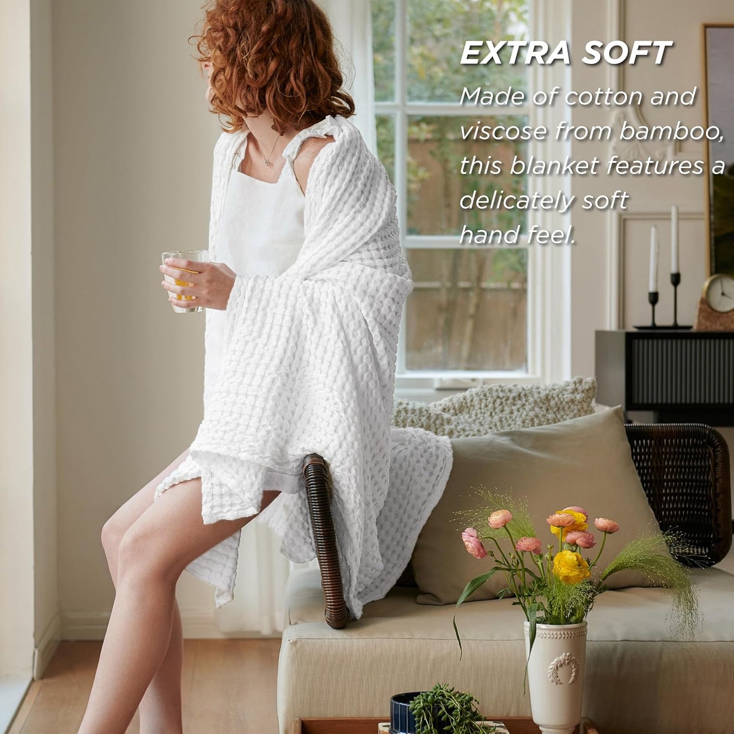 Bedsure Cooling Cotton Waffle Queen Size Blanket - Lightweight Breathable Blanket of Rayon Derived from Bamboo for Hot Sleepers, Luxury Throws for Bed, Couch and Sofa, White, 90x90 Inches