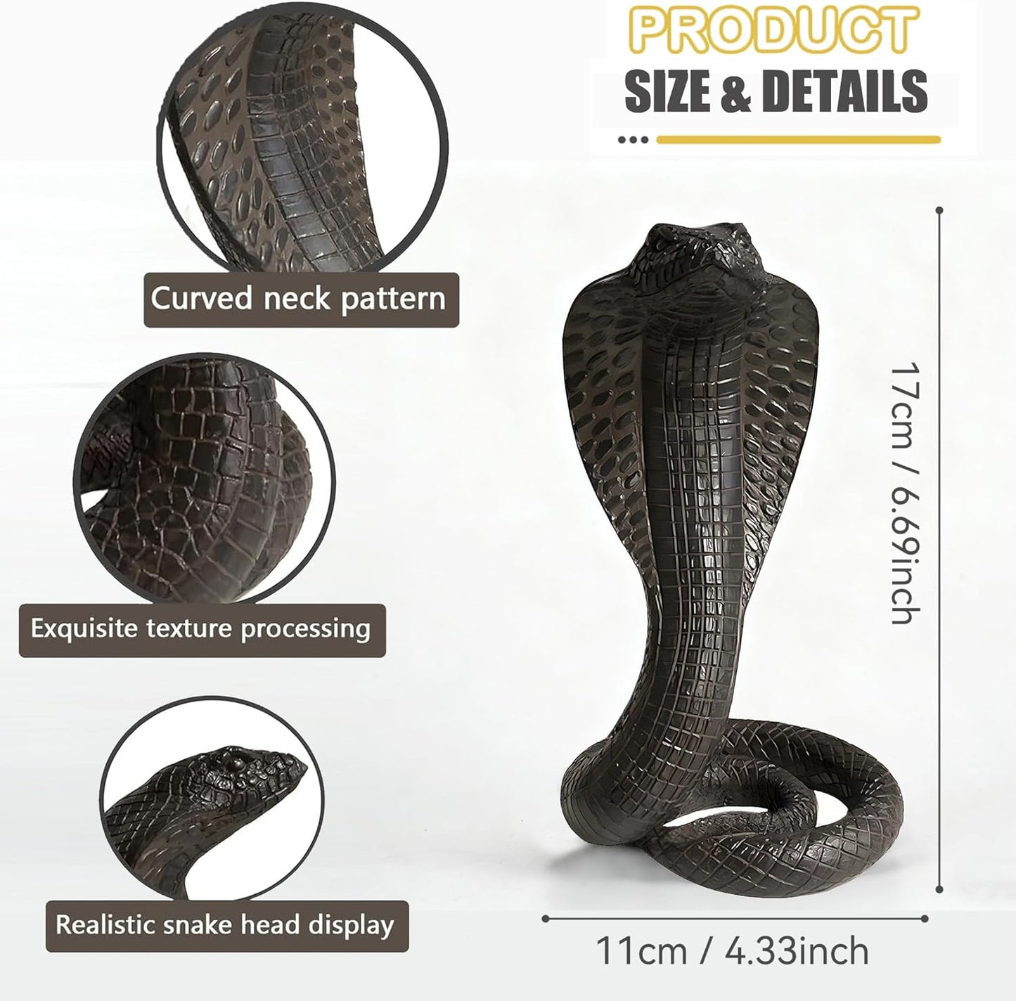 King Cobra Snake Statue Realistic Snake Resin Figurine Handcrafted, Indoor/Outdoor Animal Ornaments for Home Office Garden Yard Decor, Unique Gift for Collectors, Black