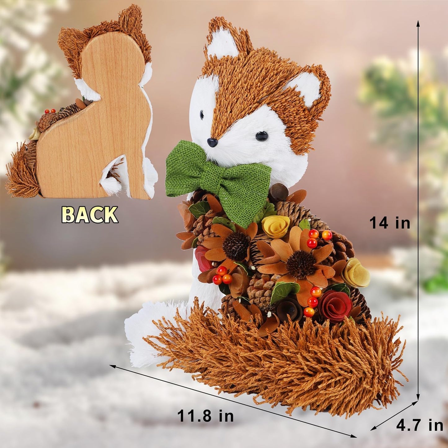 Glintoper Fall Wreath for Front Door, 14" Thanksgiving Straw Fox Figurine with Woodchip Pinecone, Hanging Harvest Autumn Gifts, Tabletop Centerpieces, Woodland Animal Home Kitchen Office Decor