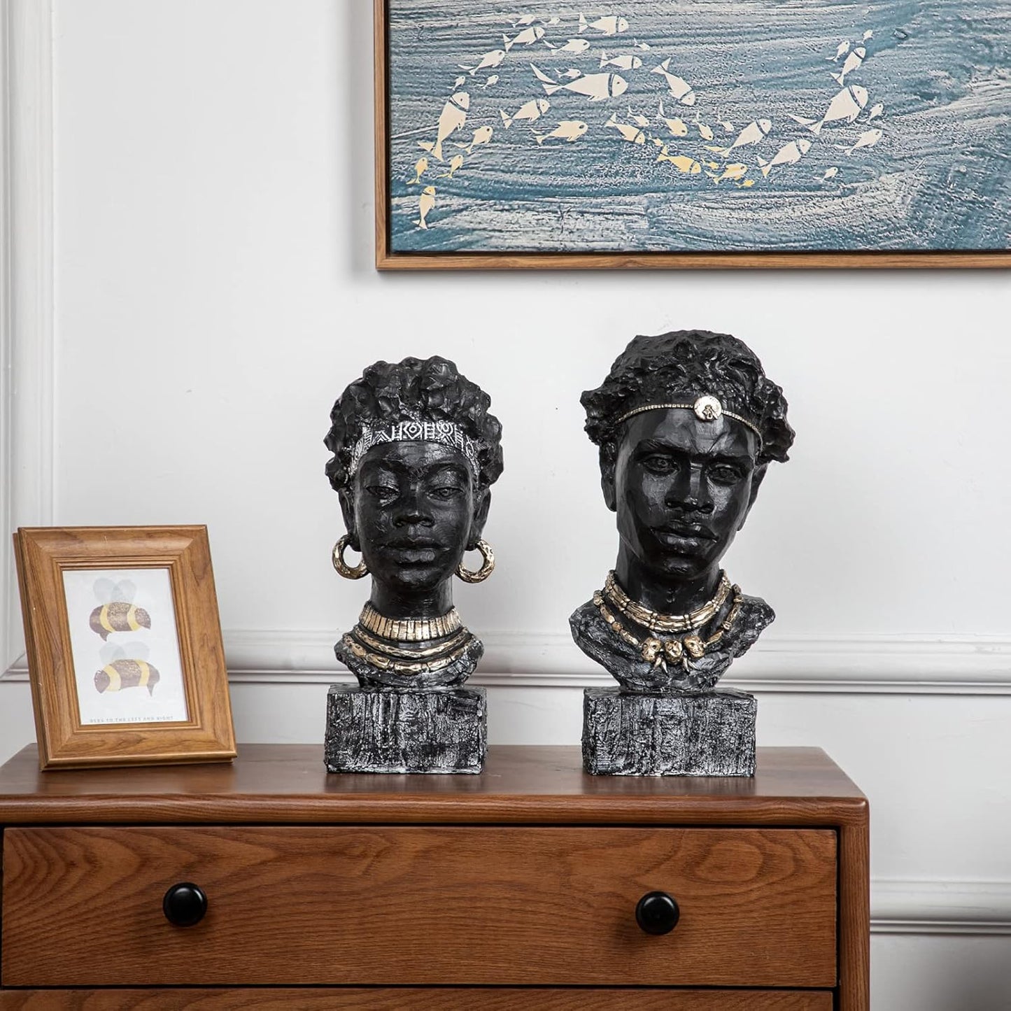 Leekung African Statues and Sculptures for Home Decor,African Figurines Head Statue Decorations for Home,African Art Sculptures Woman Statue Decor for Living Room Antique Black Color