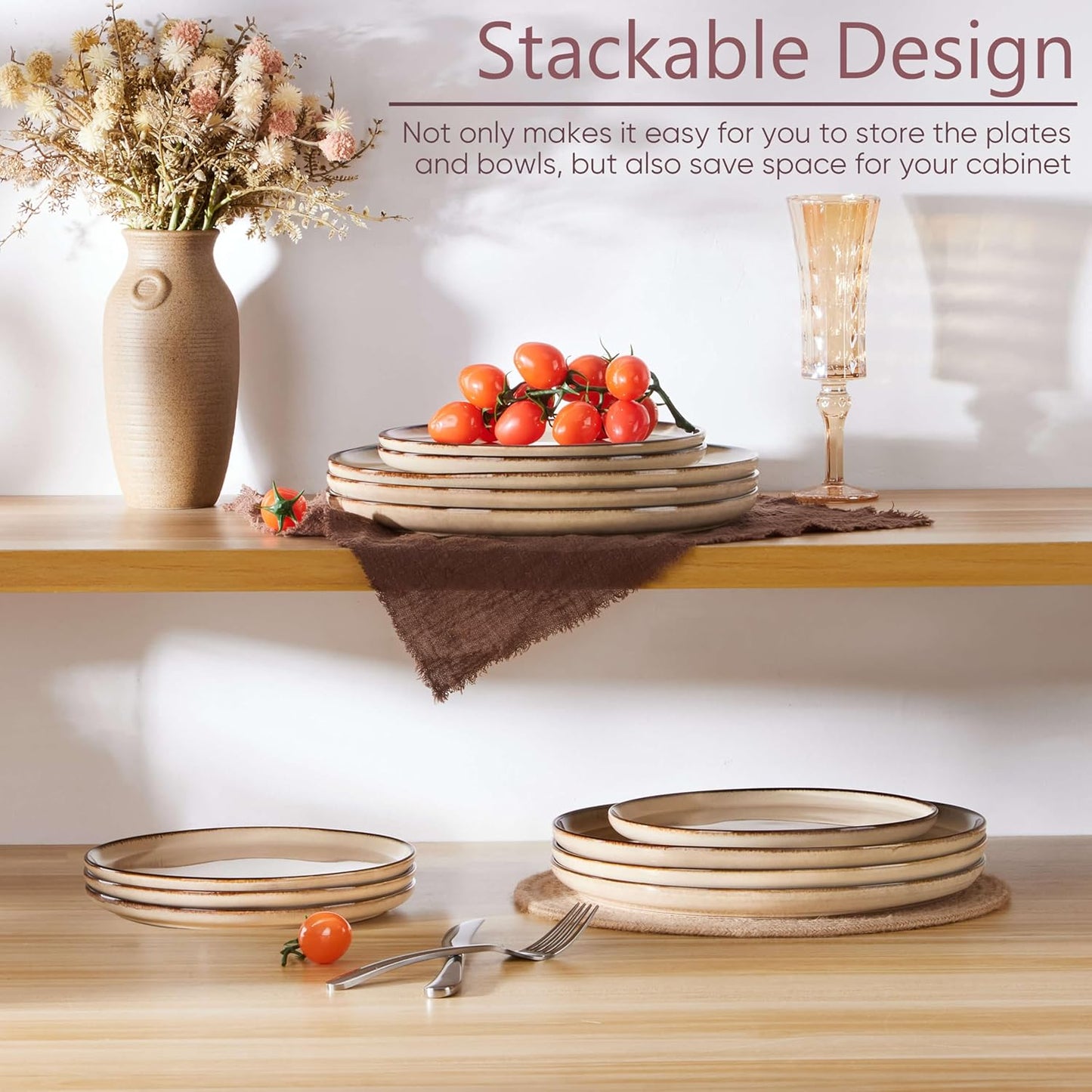 Herogo Ceramic 10.43 Inch Dinner Plates Set of 4, Stoneware Dinnerware Plate Set, Double Reactive Glaze Large Dinnerware Plates for Kitchen, Microwave, Oven & Dishwasher Safe, Cream Khaki