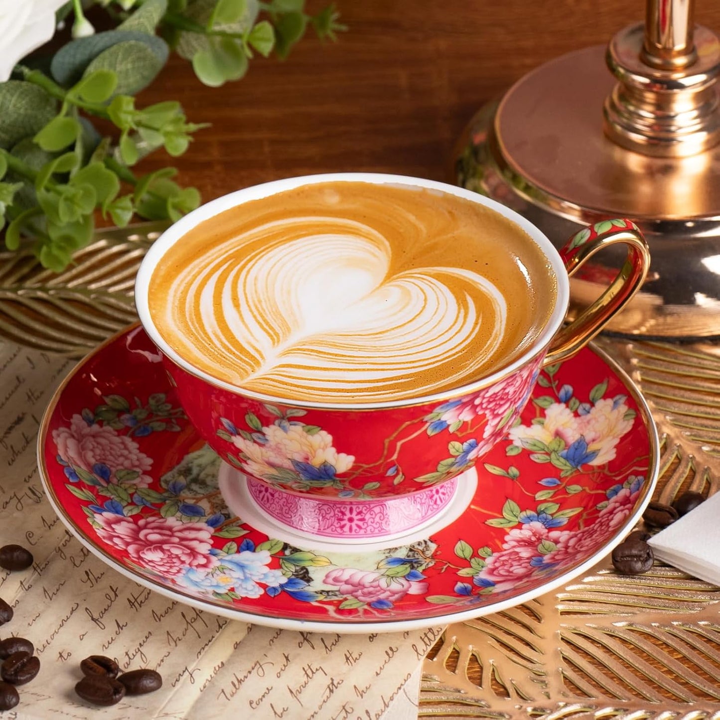 KAMMAK Ceramic Coffee Cups and Saucers Set of 2, Porcelain Espresso Cups with Saucers, 5.64 oz Handcrafted Ceramic Floral Coffee and Tea Cup, Vintage Drinkware for Tea Party, Office, Women Gifts