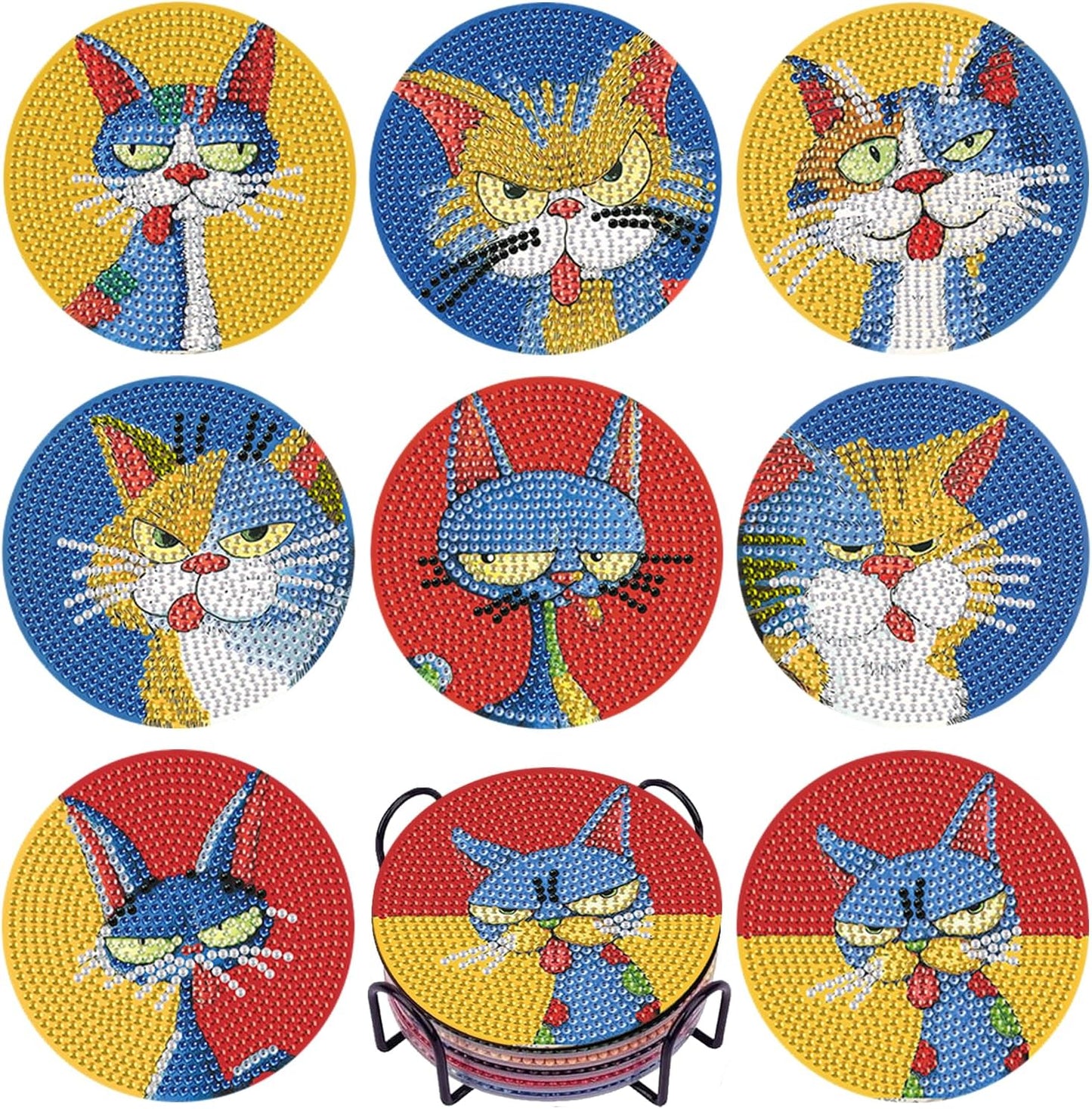 DOTSOPS Cat Diamond Art Coaster with Holder 5D Diamond Painting Kits for Adults Round Full Drill Beginners Gem Dots Craft Arts Supplies Party Home Decor 8PCS