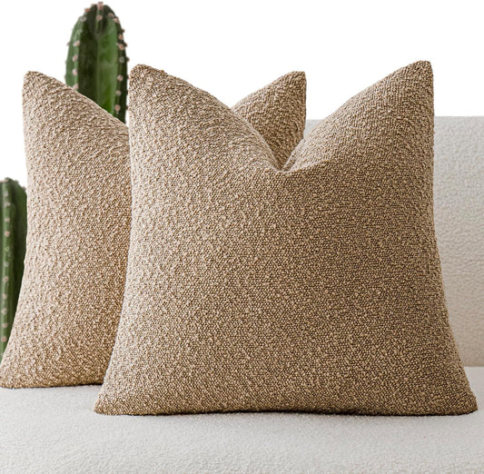 Foindtower Set of 2, Decorative Textured Boucle Throw Pillow Covers Accent Solid Pillow Cases Soft Cozy Couch Cushion Case for Chair Sofa Bedroom Living Room Home Decor 26 x 26 Inch Taupe Khaki Camel