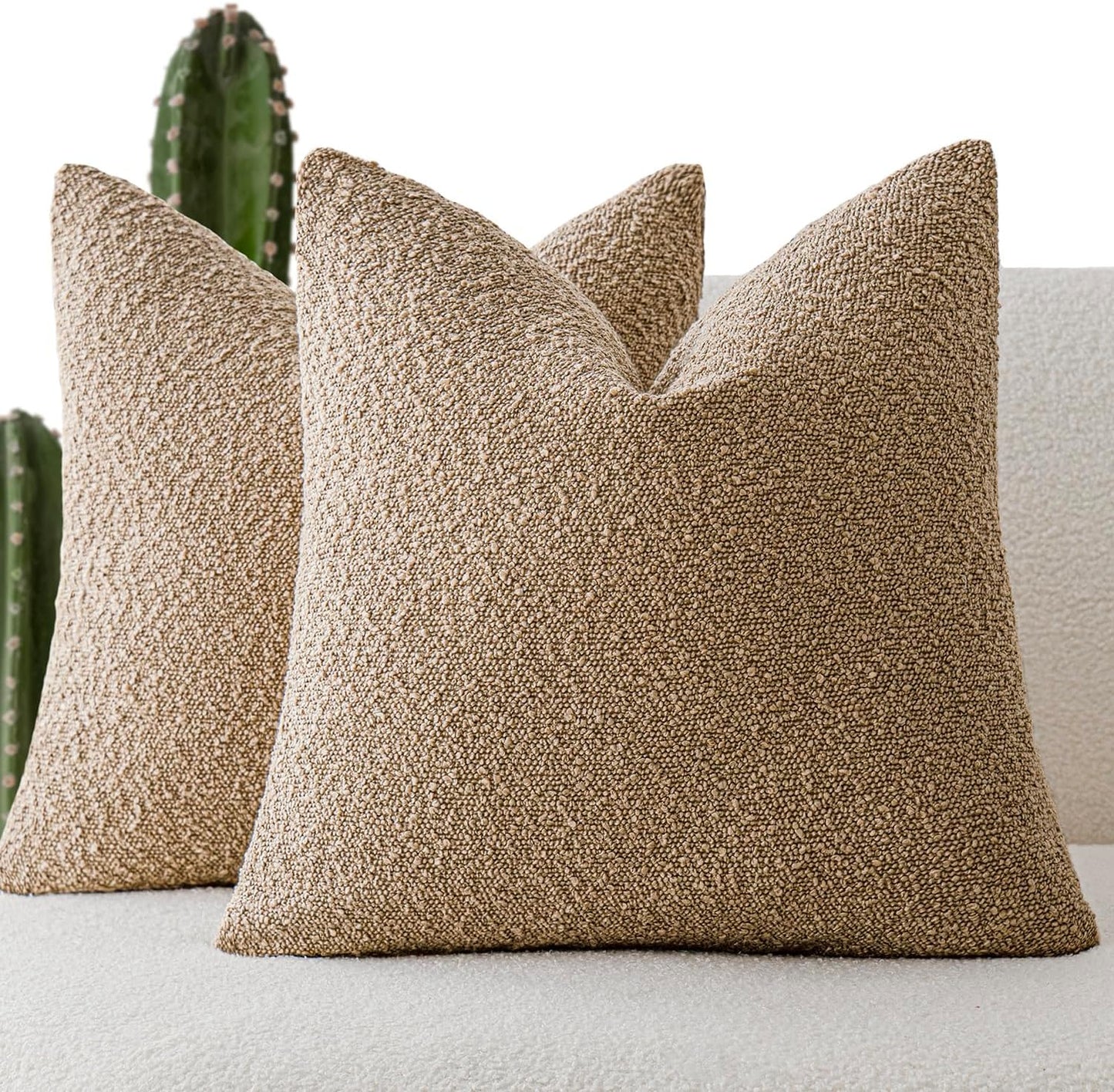 Foindtower Set of 2, Decorative Textured Boucle Throw Pillow Covers Accent Solid Pillow Cases Soft Cozy Couch Cushion Case for Chair Sofa Bedroom Living Room Home Decor 24 x 24 Inch Taupe Khaki Camel