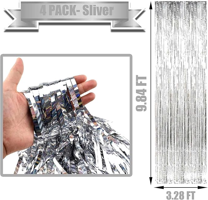 4 Pack Silver Foil Fringe Curtain Backdrop, 3.28Ft x 9.84Ft Metallic Tinsel Streamers Curtains for Party, Photo Booth Props, Birthday, 2022 Graduation Decoration Supplies