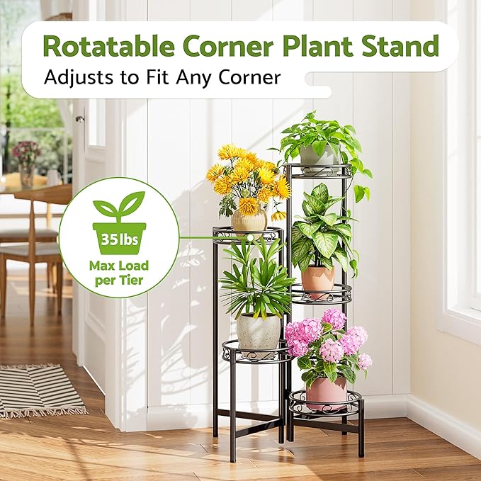 Metal Plant Stand Indoor Outdoor, 5 Tier 5 Potted Multiple Plant Shelf Stands, Wrought Iron Flower Holder Shelf, Folding Tall Rack Shelf for Patio, Balcony, Corner Living Room - BlackCircle