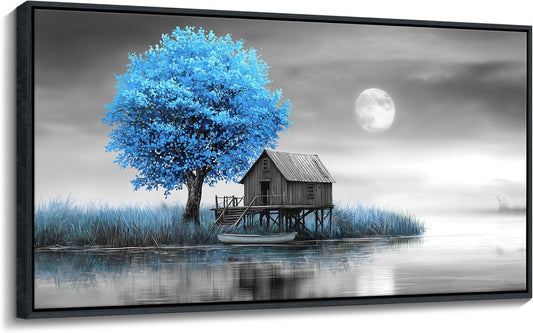 JEAWA Framed Canvas Wall Art Decor - Blue Gray Wall Art for Bedroom Study Dining Room, Winter Landscape Wall Art Canvas Paintings, Moon Pictures Wall Decor, Tree Art Wall Decor, 20x40 IN