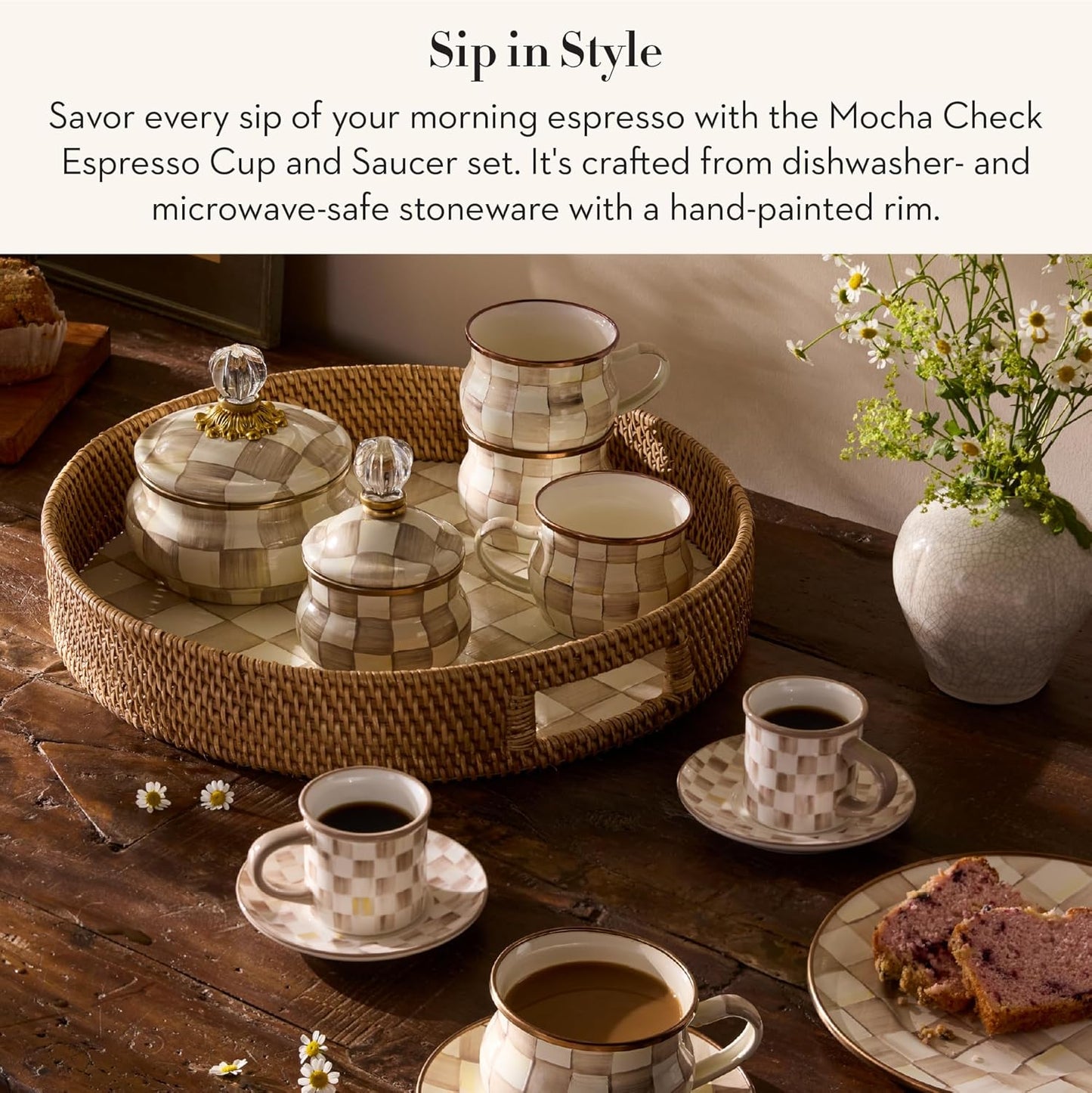 MACKENZIE-CHILDS Set of 2 Stoneware Espresso Cup and Saucer, Cute Coffee Cups, Brown-and-White Mocha Check