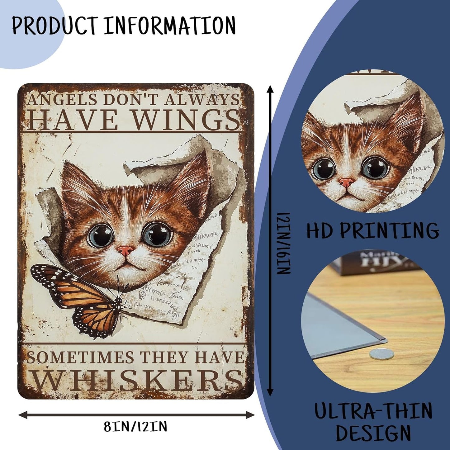 Funny Cat Metal Signs Vintage Angels Don't Always Have Wings Sometimes They Have Whiskers Tin Sign Retro Wall Decor for Home Living Room Garden Yard 8×12 Inch