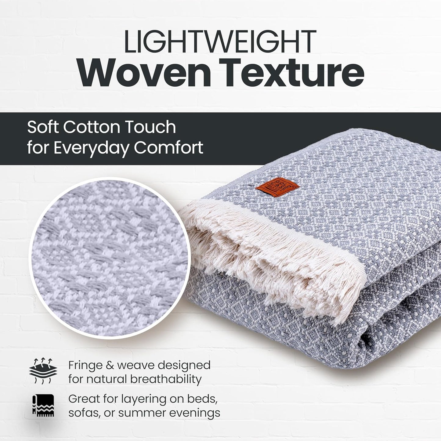 Gold Case Throw Blanket for Bed - 100% Recycled Turkish Cotton Blanket - Retro Lightweight Soft Throw Blankets for Bed & Living Room - Queen Size Cozy Blankets - 90x90 - Grey