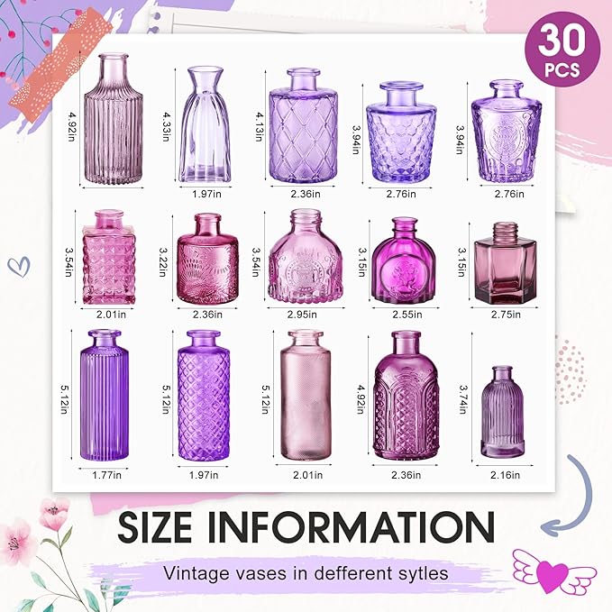 Yaomiao 30 Pcs Vases Bulk Colored Flower Glass Vases Bud Vintage Colored Glass Bottles Colorful Rustic Embossed for Home Wedding Table Decorations Gifts(Purple Series)