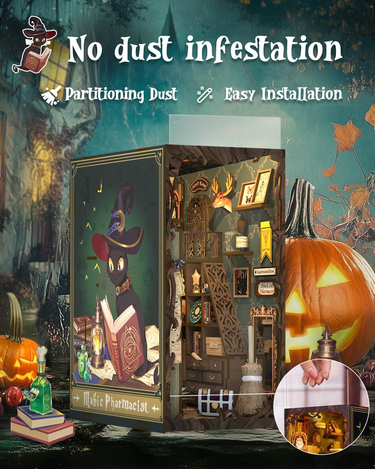 Cutefun Book Nook Kit, DIY Miniature Dollhouse Booknook for Adults, 3D Wooden Puzzle Bookend Bookshelf Insert Decor with LED Light, Gift for Craft Lovers (Magic Pharmacist)