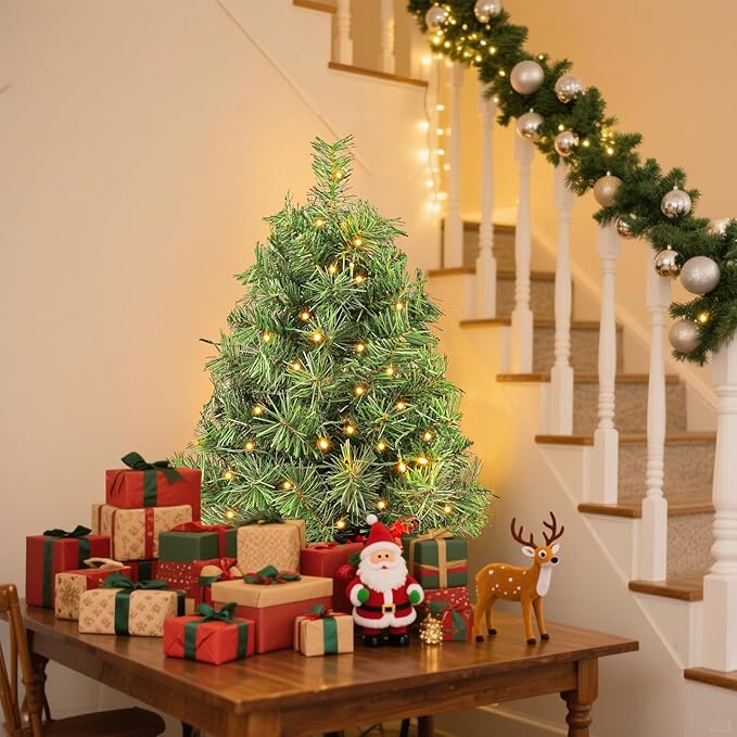 2ft Pre-lit Artificial Mini Christmas Tree,Small Xmas Pine Tree with 50 Lights, Tabletop Christmas Tree Battery Operated Green Xmas Tree for Tabletop