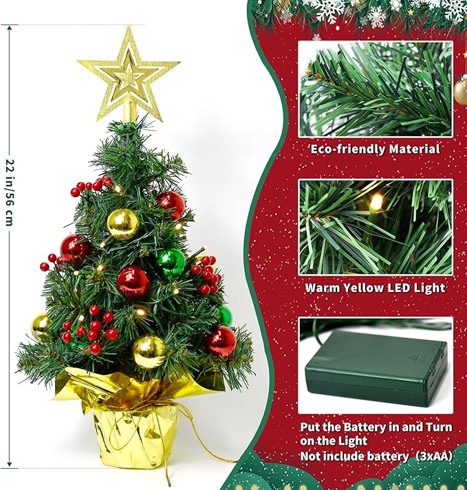 Tabletop Christmas Tree with LED String Lights,22In Pre-Decorated Mini Artificial Christmas Tree for Desktop,Star Treetop and Colored Oranments for Home Indoor Holiday Christmas Decoration-Red