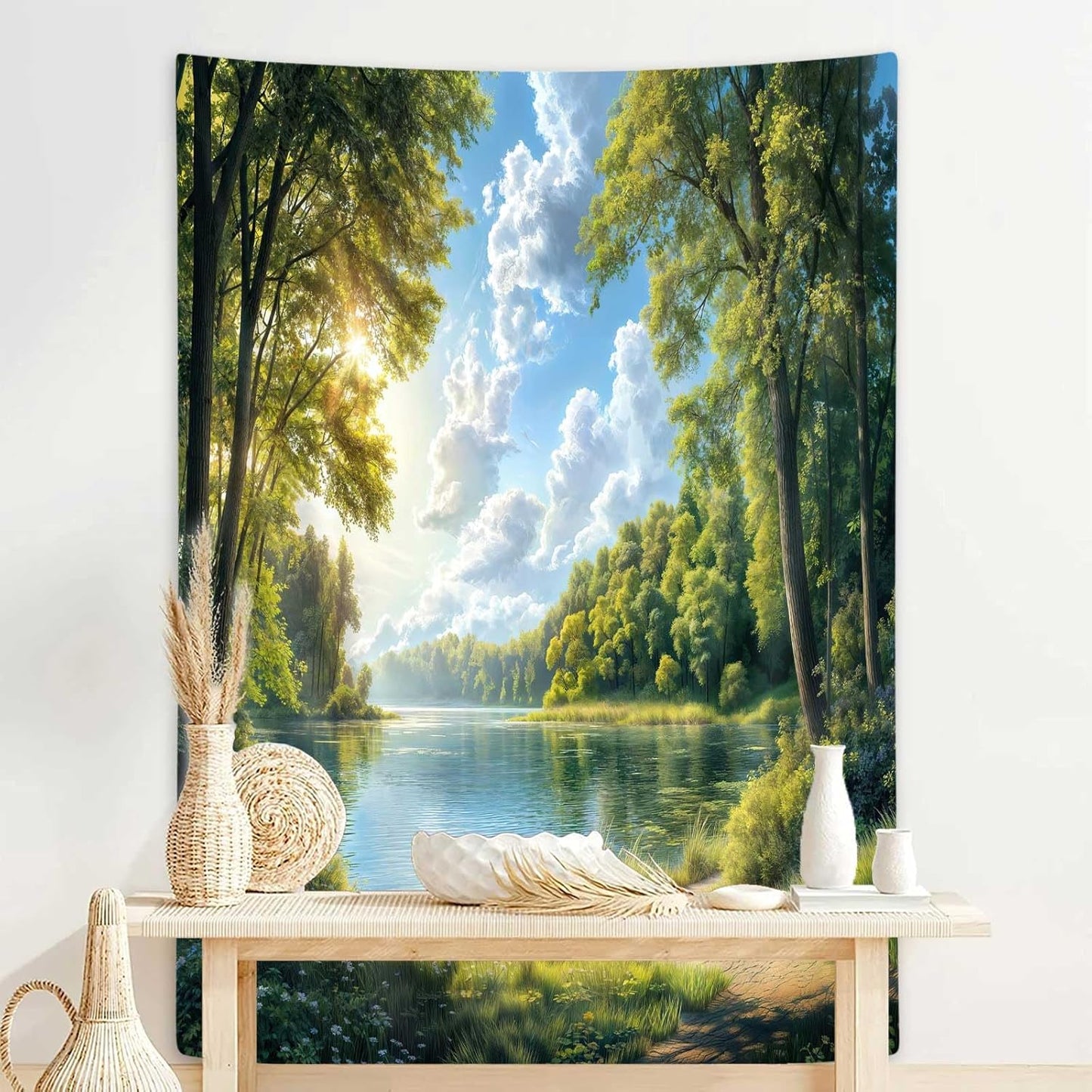 DYNH Nature Lake Forest Tapestry,Park Scenery Water Tree Sky Cloud Wall Tapestries,Countryside Field Landscape Vertical Wall Hanging for Classroom Bedroom Living Room Dorm Office Aesthetic,70X90IN