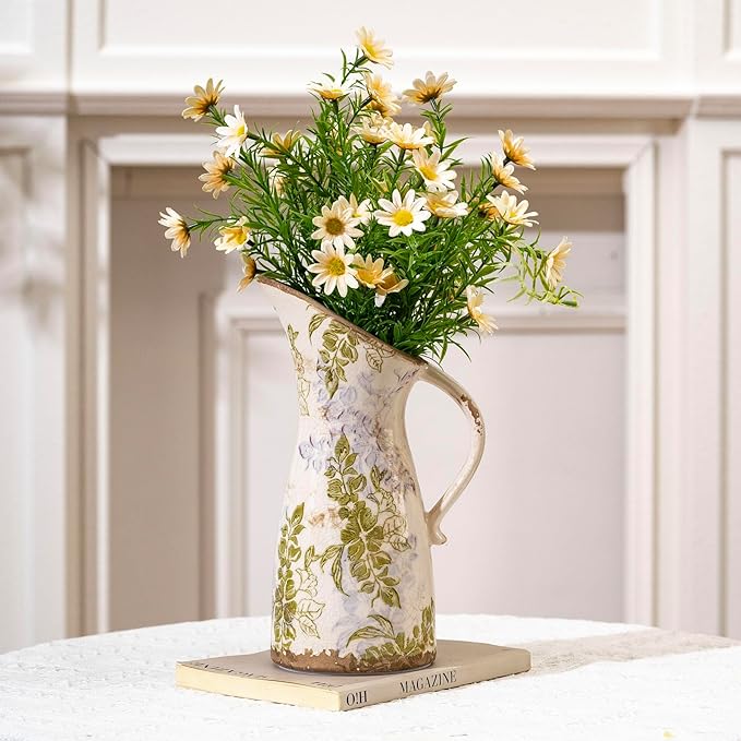 Vintage Ceramic Pitcher Vase with Handle, Farmhouse Green and Purple Large Floral Vases, French Country Decorative Vase, Rustic Table Centerpiece for Home Decor, Bookshelf, Office 10.5 Inch