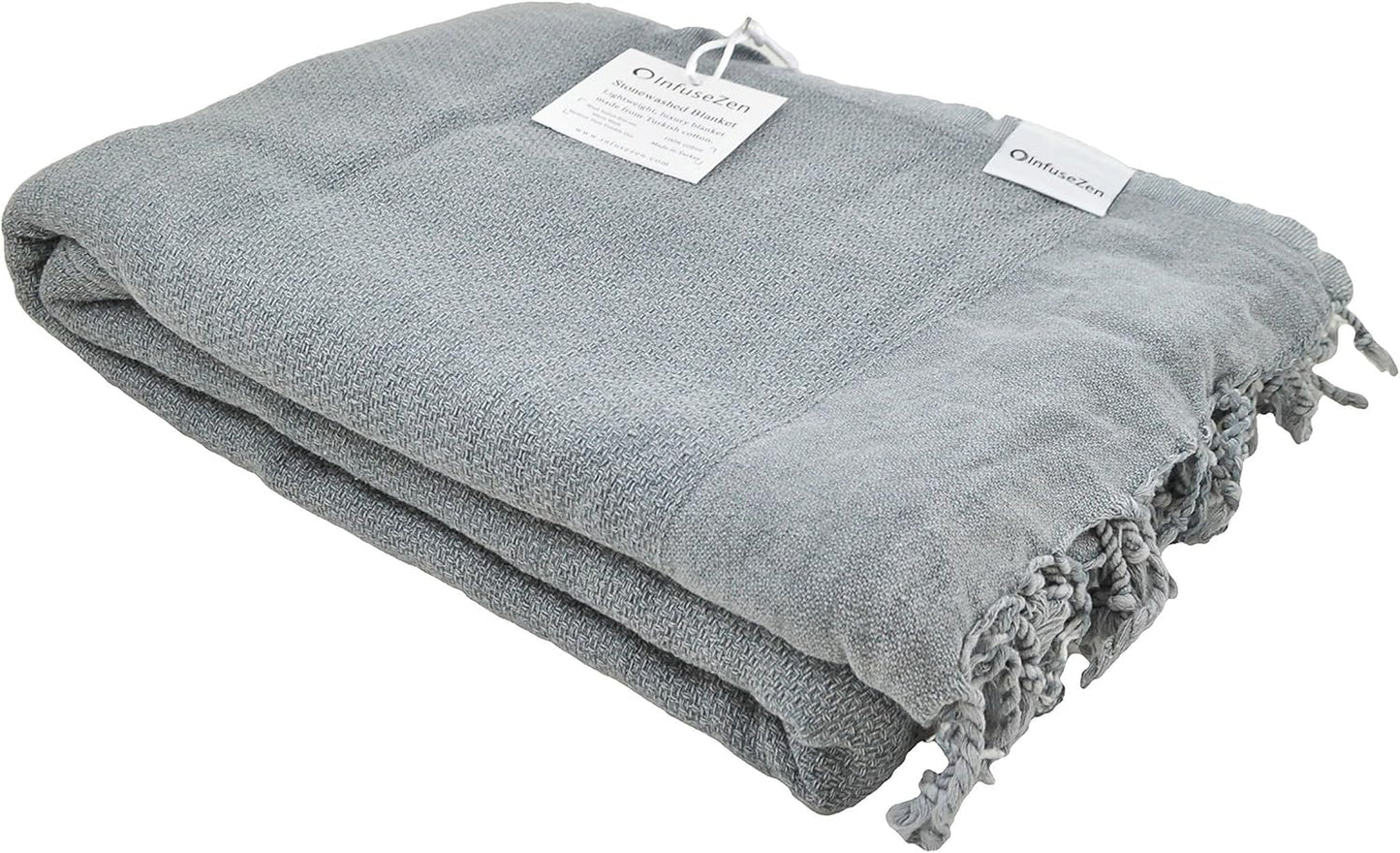 InfuseZen Stonewashed Turkish Throw Blanket - 100% Organic Turkish Cotton - 80" x 48" - Soft, Lightweight, Cozy - for Love Seat, Sofa, Picnic, Yoga - Sand Free Absorbent Beach Blanket - Denim