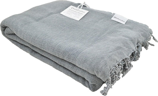 InfuseZen Stonewashed Turkish Throw Blanket - 100% Organic Turkish Cotton - 80" x 48" - Soft, Lightweight, Cozy - for Love Seat, Sofa, Picnic, Yoga - Sand Free Absorbent Beach Blanket - Denim