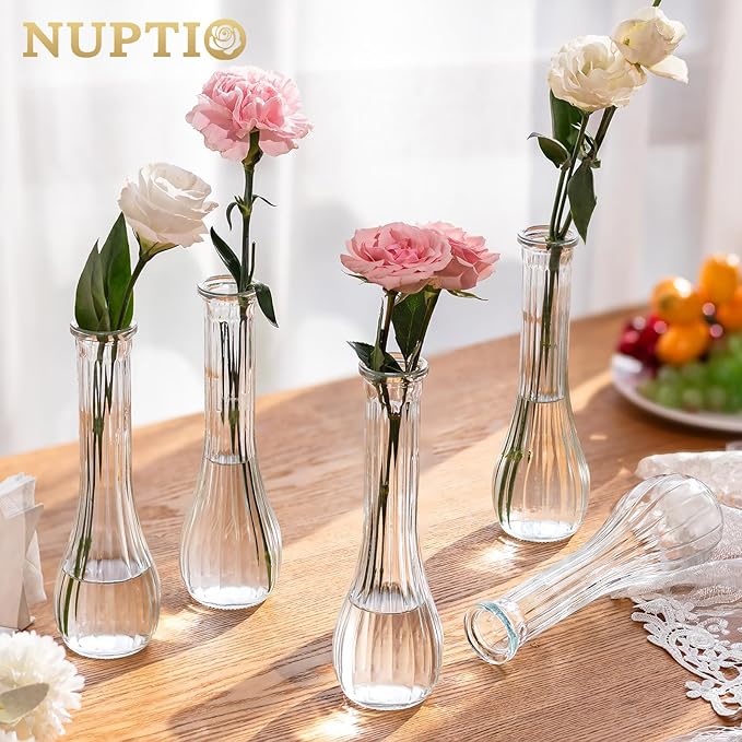 NUPTIO Glass Bud Vases Centerpiece: 12 Pcs Small Flower Vase for Wedding in Bulk - Cute Clear Ribbed Vase for Party Events Home Table Decor