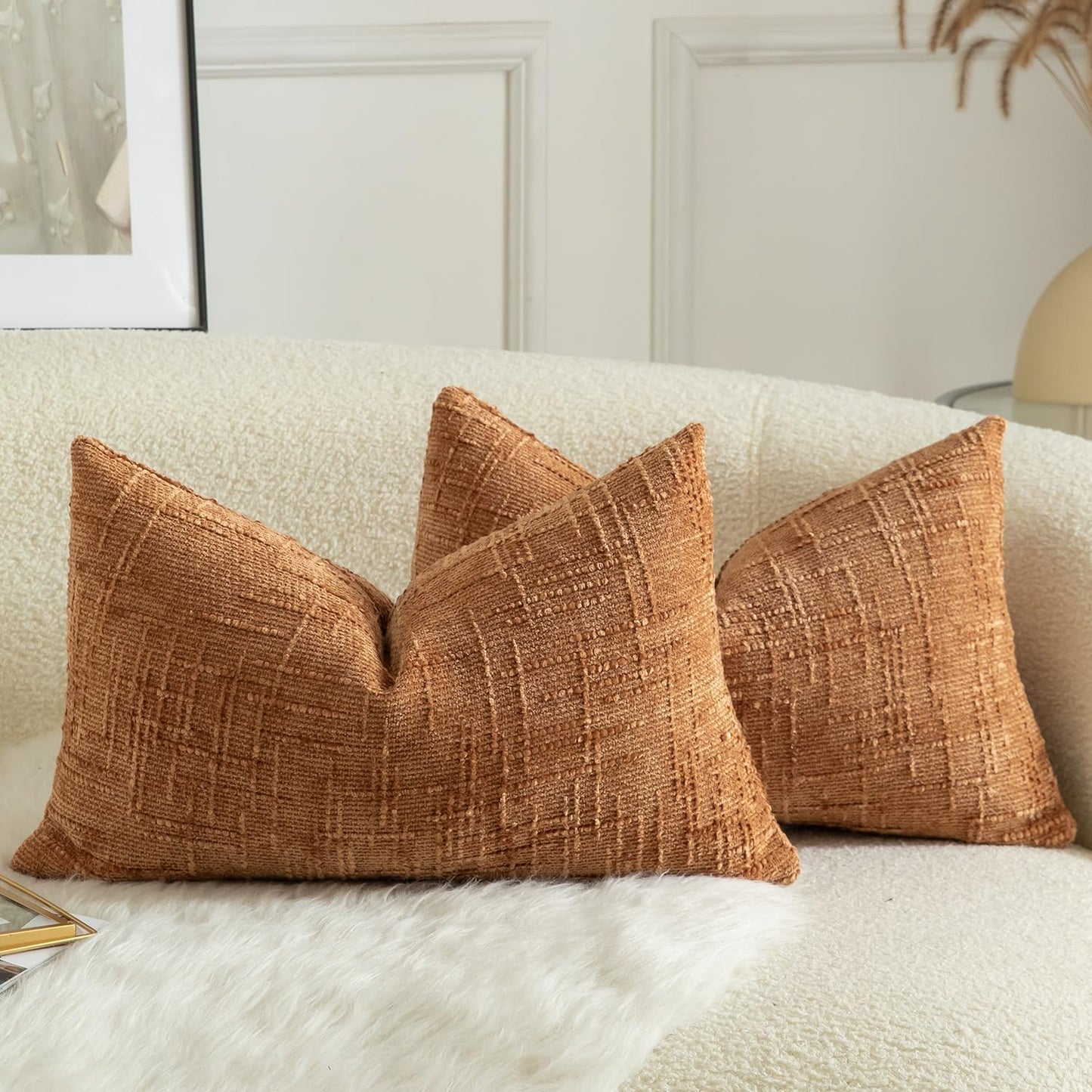 MANDIOO Pack of 2 Soft Chenille Textured Throw Pillow Covers Lumbar Accent Solid Decorative Cushion Cover Cozy Farmhouse Pillow Case for Couch Sofa Bed Living Room 12x20 Inch Burnt Orange
