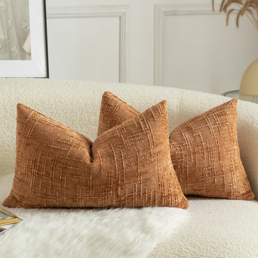 MANDIOO Pack of 2 Soft Chenille Textured Throw Pillow Covers Lumbar Accent Solid Decorative Cushion Cover Cozy Farmhouse Pillow Case for Couch Sofa Bed Living Room 12x20 Inch Burnt Orange