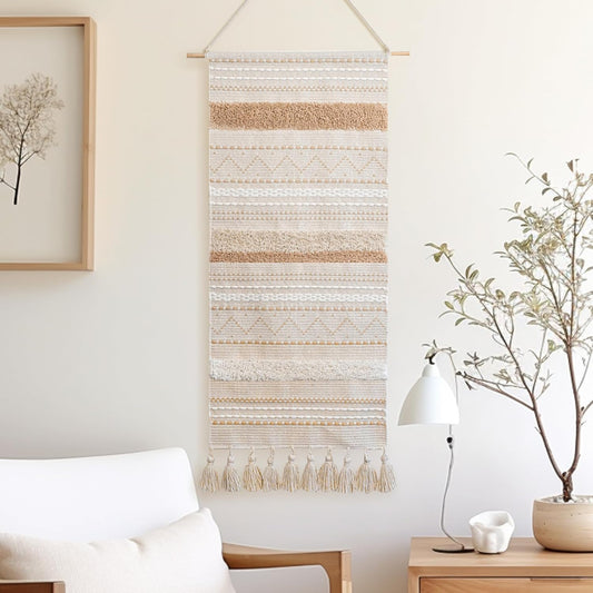 BlissBlush Long Vertical Wall Hanging Tapestry Woven Boho Farmhouse Decor Cream Beige Tassel Handmade Wall Art Decoration for Bedroom Living Room Dorm Nursery Apartment, 16x39 INCH