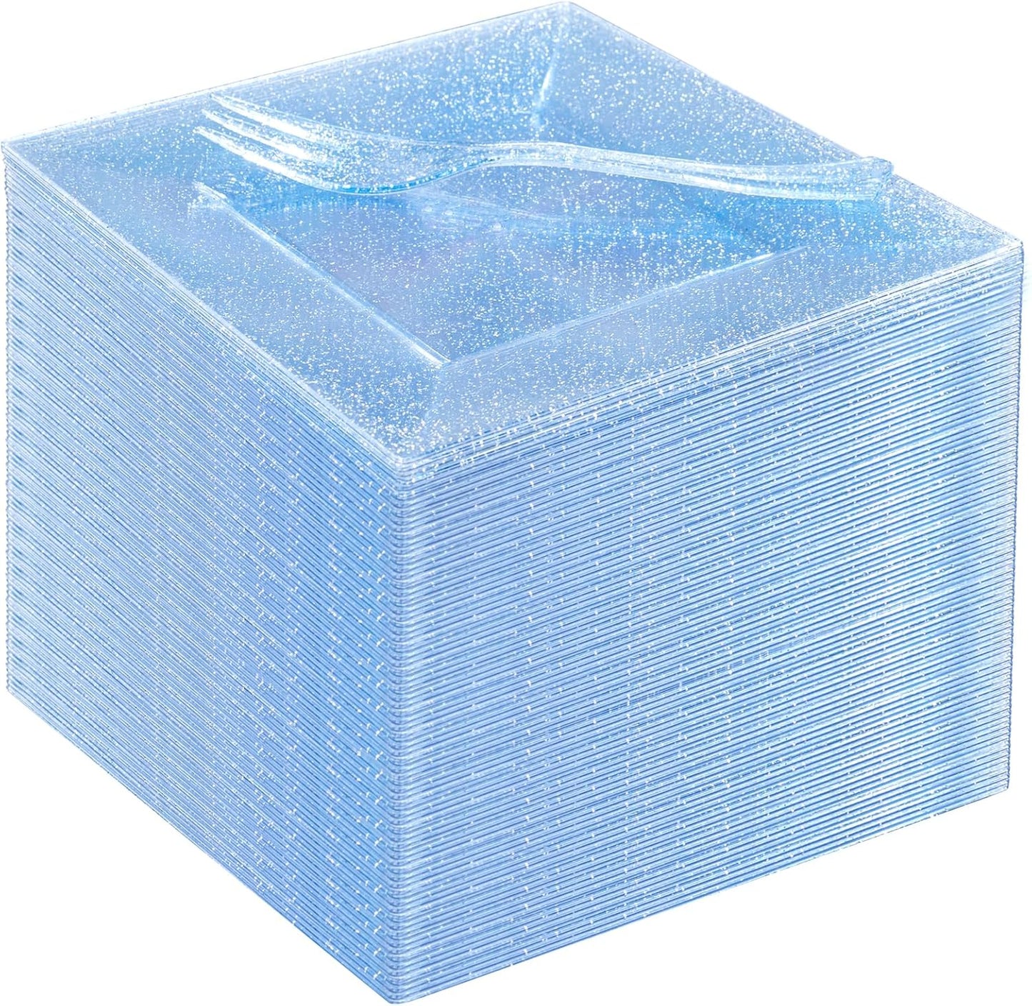 DaYammi 100Pcs Blue Glitter Dessert Plates Including 50Pcs Appetizer Plates 6" and 50Pcs Plastic Forks 5.7",Blue Plastic Square Plate for Party,plastic Salad Plate and Cake Forks for Wedding Birthday