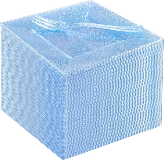 DaYammi 100Pcs Blue Glitter Dessert Plates Including 50Pcs Appetizer Plates 6" and 50Pcs Plastic Forks 5.7",Blue Plastic Square Plate for Party,plastic Salad Plate and Cake Forks for Wedding Birthday