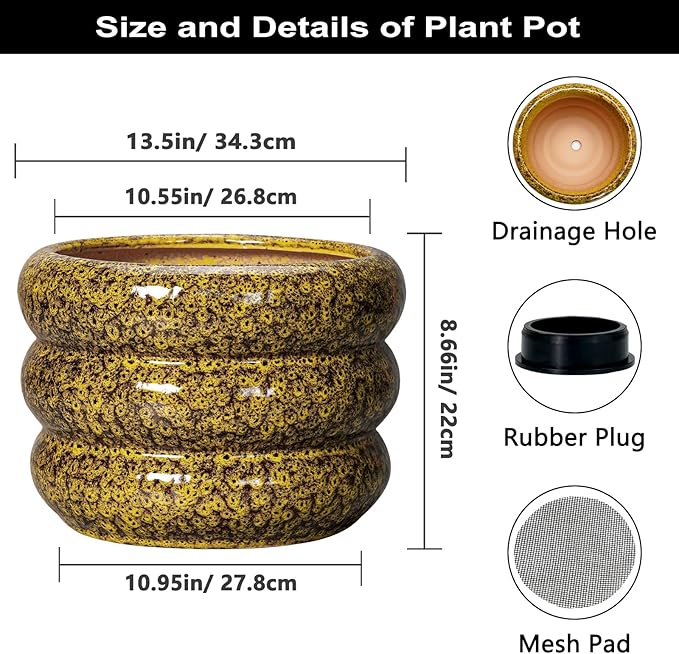 SQOWL Ceramic Pots for Plants - 13.5 Inch Ceramic Planter for Indoor Plants, Large Plant Pots with Drainage Hole, Round Flower Pot Outdoor, Bubble Planter, Room Decor, Gifts for Plant Lover, Yellow