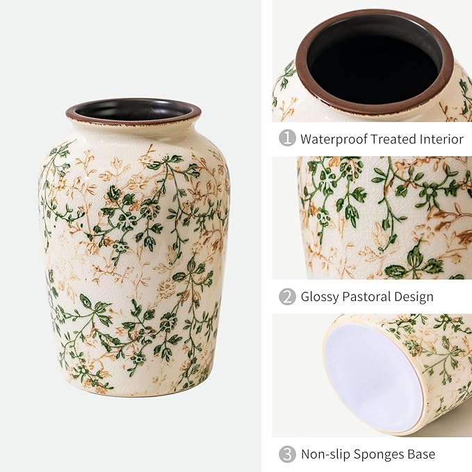 Vintage Pastoral Green and Beige Vase, Round Ceramic Floral Vases, Retro Ice Cracked Chinoiserie Vase for Home Decor, Living Room, Bookshelf, Office, Rustic Table Centerpiece 7.8 Inch