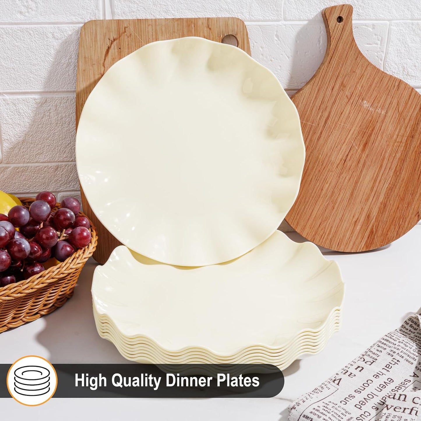 LIYH 20 Pcs 10 Inch Beige Plastic Plates Reusable - Unbreakable Plastic Scalloped Wavy Dinner Plates for Baby Shower Camping Party Outdoor Picnics Dishwasher Safe BPA Free