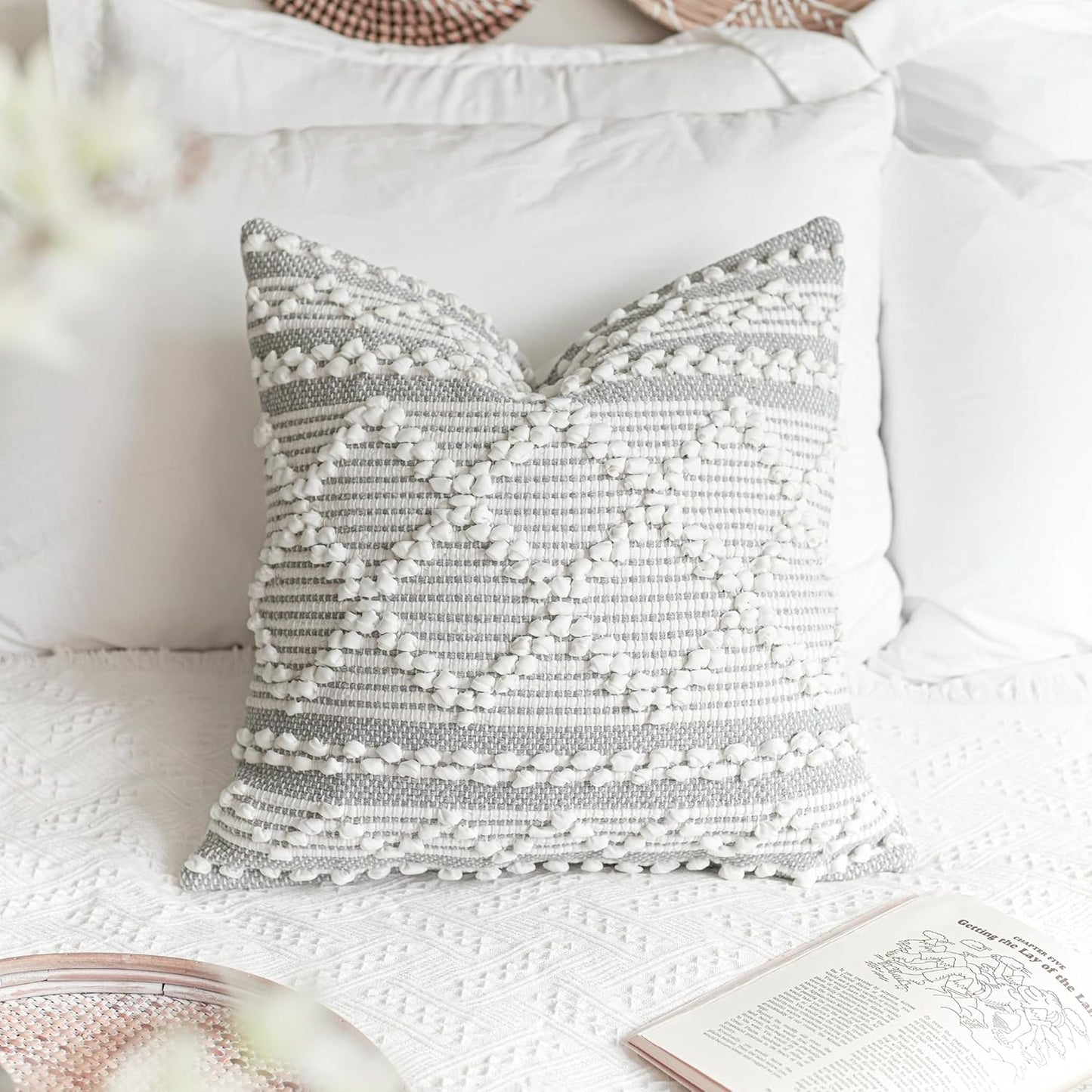 BlissBlush Gray White Decorative Throw Pillow Cover 22X22, Boho Accent Pillow for Couch, Square Modern Farmhouse Pillowcase for Living Room Couch Sofa Cushion Home Décor (Pack of 1)