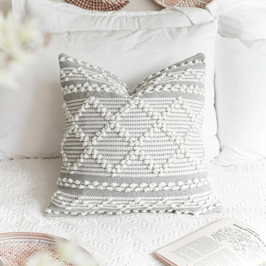 BlissBlush Gray White Decorative Throw Pillow Cover 22X22, Boho Accent Pillow for Couch, Square Modern Farmhouse Pillowcase for Living Room Couch Sofa Cushion Home Décor (Pack of 1)
